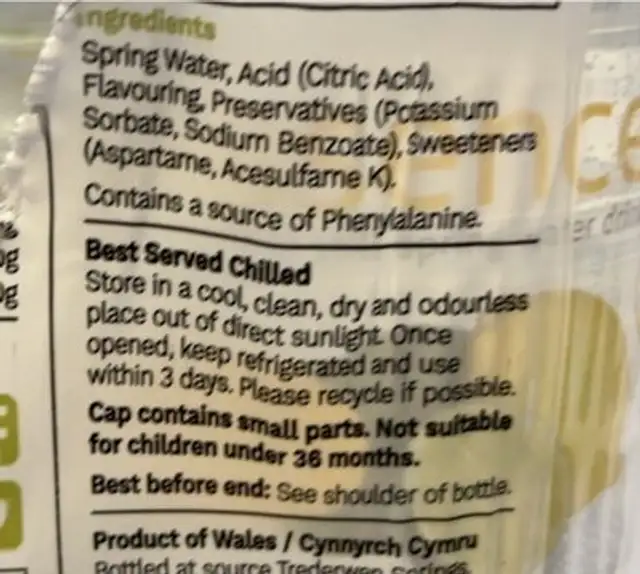 Stich waterbottle nutrition facts table