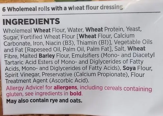6 Wholemeal Rolls ingredients label