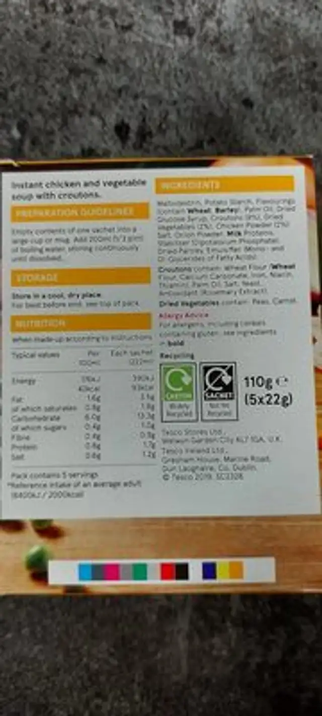 Chicken & Vegetable Cup Soups ingredients label