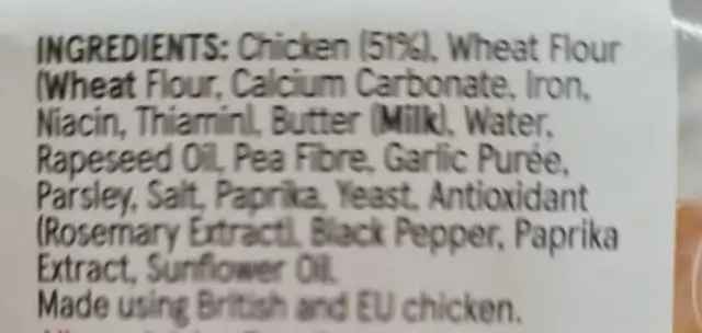Breaded Chicken Kievs ingredients label