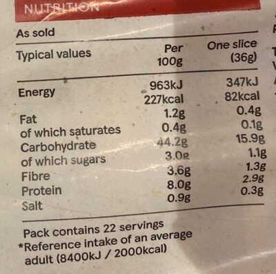 White medium sliced bread nutrition facts table