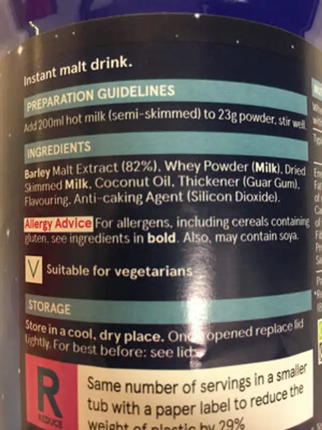 Malted Drink ingredients label