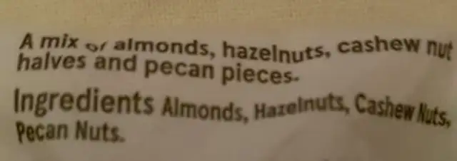 Mixed Nuts ingredients label