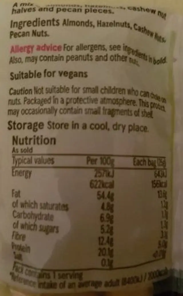 Mixed Nuts nutrition facts table
