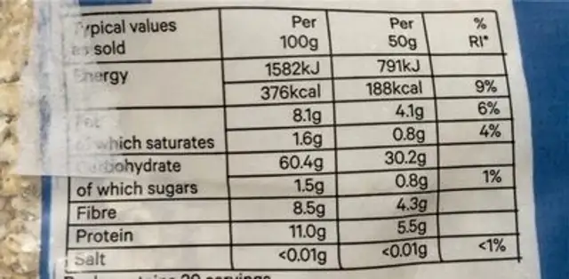 Porrdige oats nutrition facts table