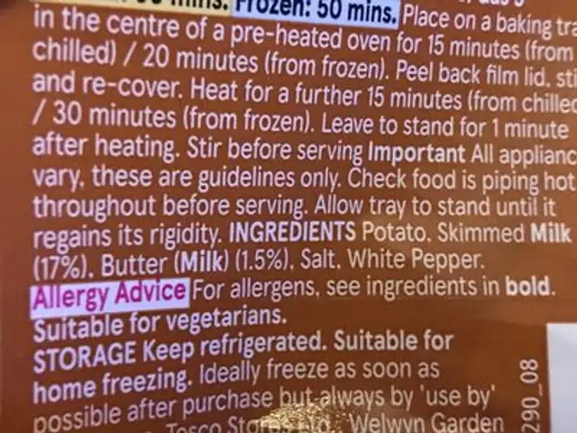 Mashed Potato ingredients label
