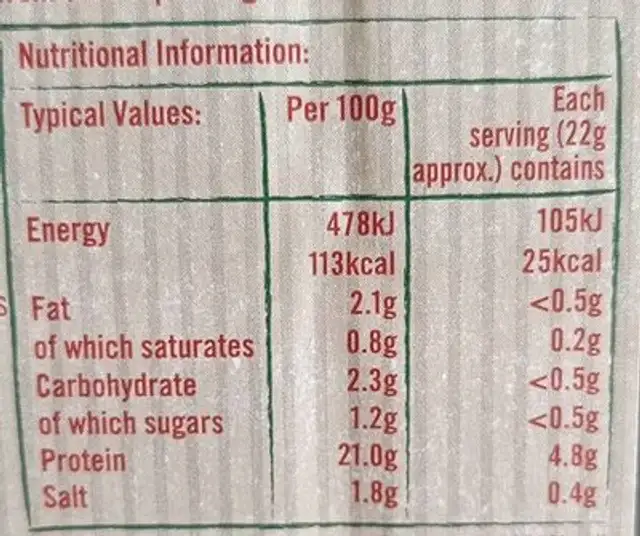 Slow cooked wafer thin ham nutrition facts table