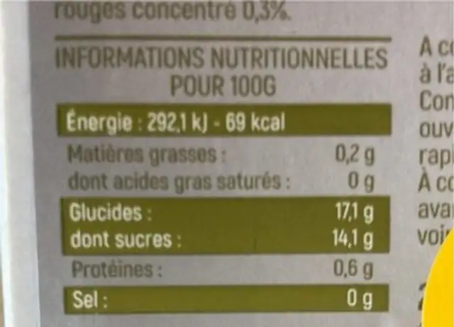 Puree de fruit fraise nutrition facts table