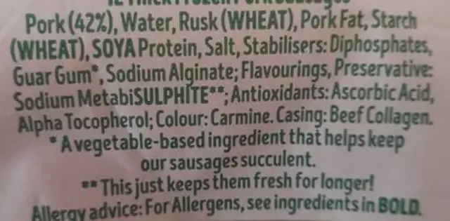 Richmond 12 thick pork sausages ingredients label