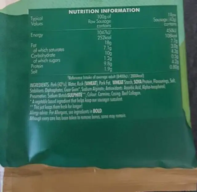 Richmond 12 thick pork sausages nutrition facts table