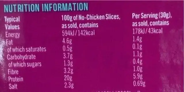 6 No-chicken slices nutrition facts table