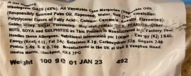 Flapjack energy bar nutrition facts table