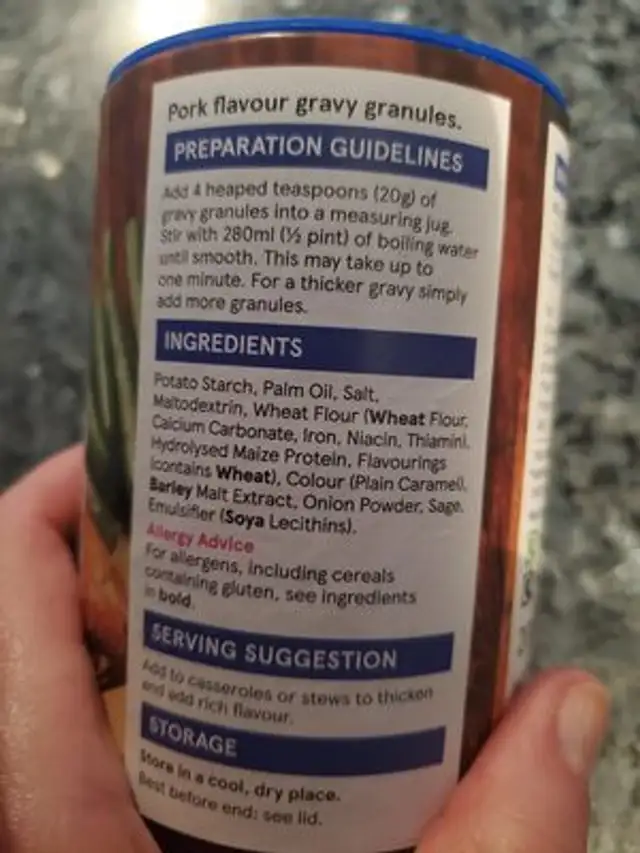 tesco for pork gravy granules ingredients label