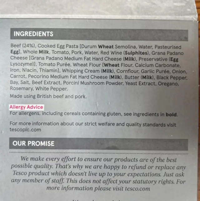 Lasagne ingredients label