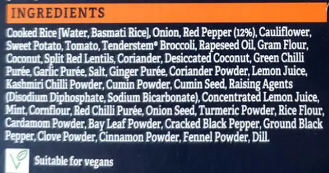 Blazin' biryani ingredients label