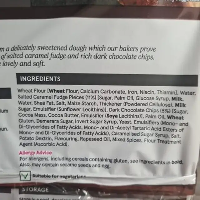 Salted caramel & chocolate hot cross buns ingredients label