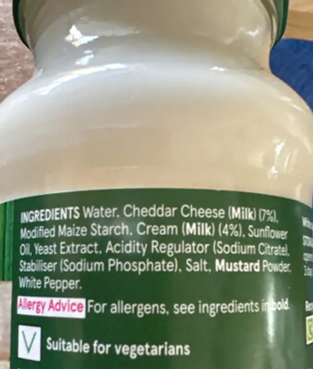 White Lasagne Sauce ingredients label