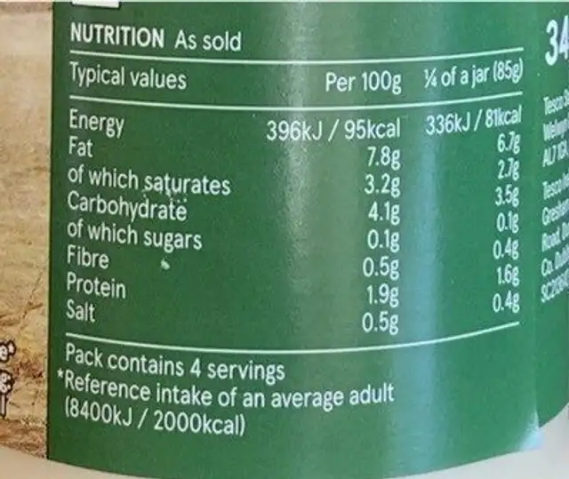 White Lasagne Sauce nutrition facts table