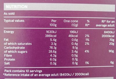 Waffle cones nutrition facts table