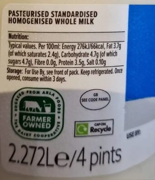 Whole milk nutrition facts table