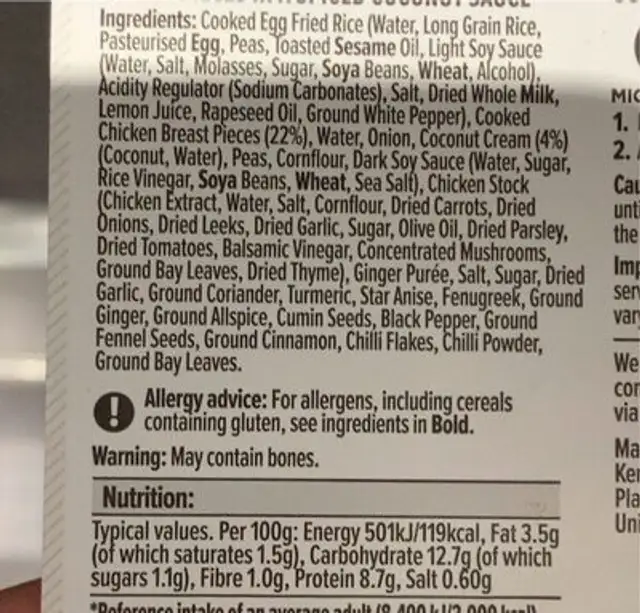 Chinese chicken curry nutrition facts table