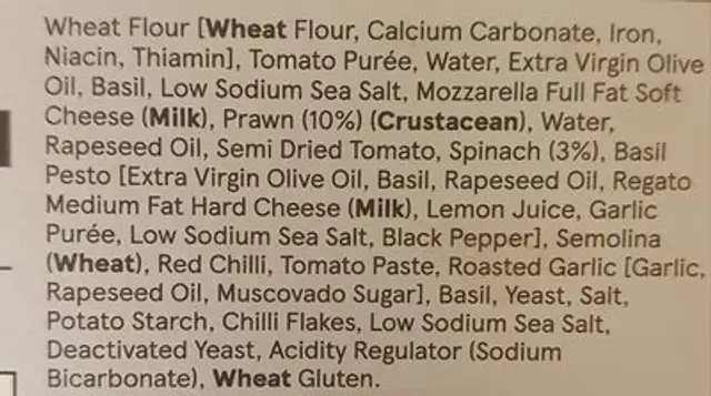 Finest spicy garlic king prawn pizza ingredients label