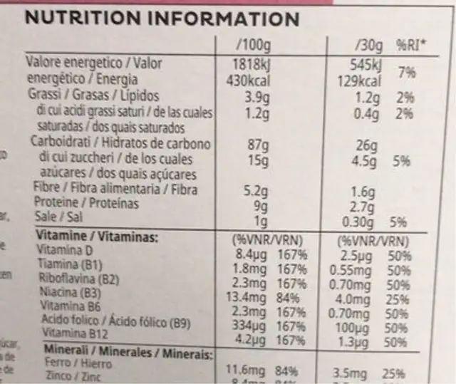 Special K Immune nutrition facts table