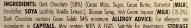 Liqueur Chocolates Irish Cream ingredients label