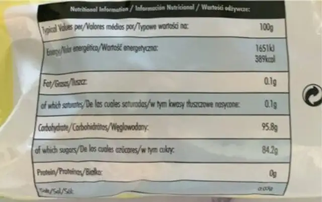 Candy Sticks nutrition facts table