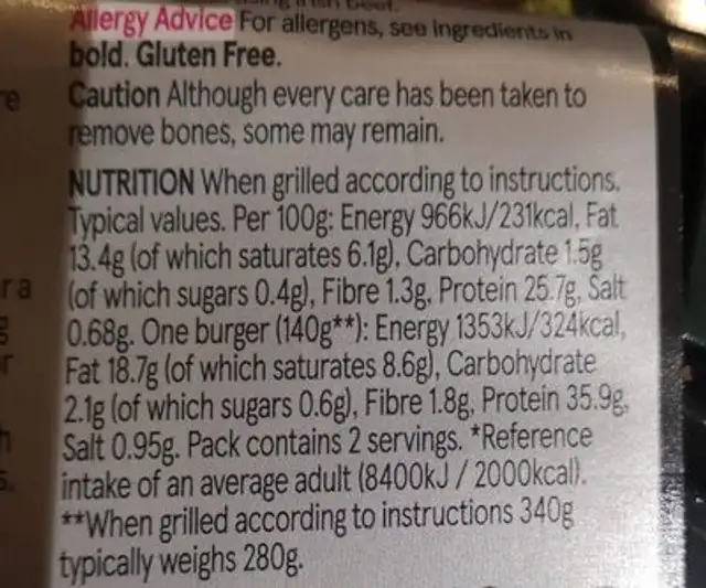 6oz beef burgers Irish Angus nutrition facts table
