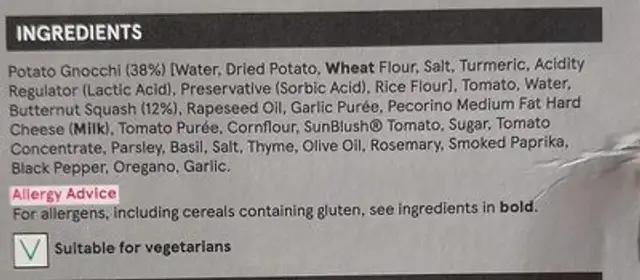 Roasted Butternut & Tomato Gnocchi ingredients label