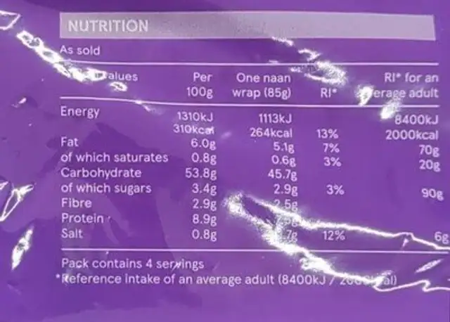 Naan wraps nutrition facts table