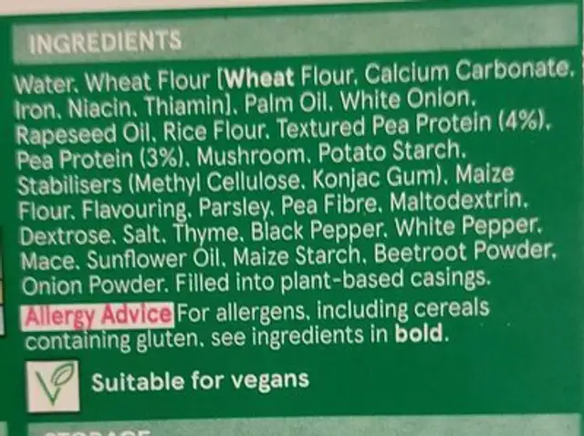 10 Meat Free Bangers in Duvets ingredients label