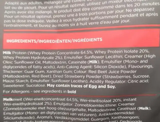 Perfomance Whey Protein Strawberry ingredients label