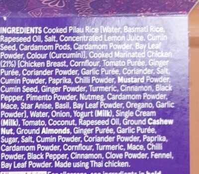 Chicken Korma with Pilau Rice ingredients label