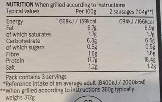 Chicken and Herb Sausages nutrition facts table