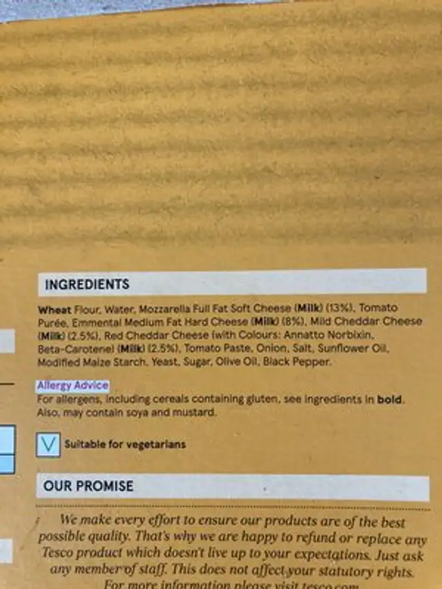 Four cheese pizza ingredients label