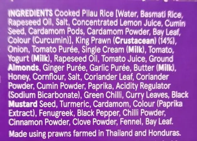 King Prawn Tikka Masala with pilau rice ingredients label