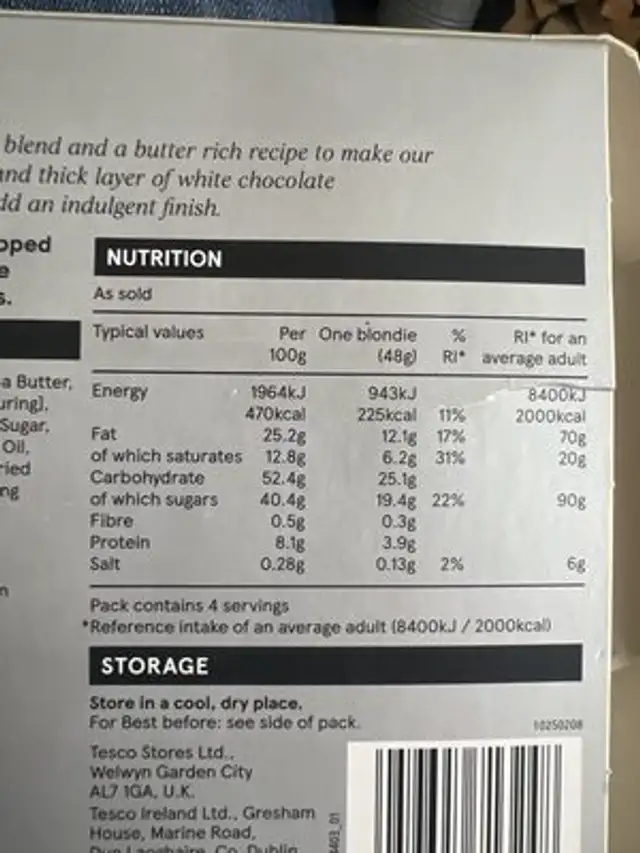 Free From White Chocolate & Raspberry Blondies nutrition facts table