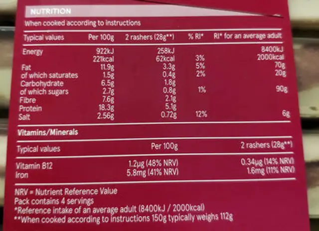 Plant Chef 8 Meat-free smoky rashers nutrition facts table