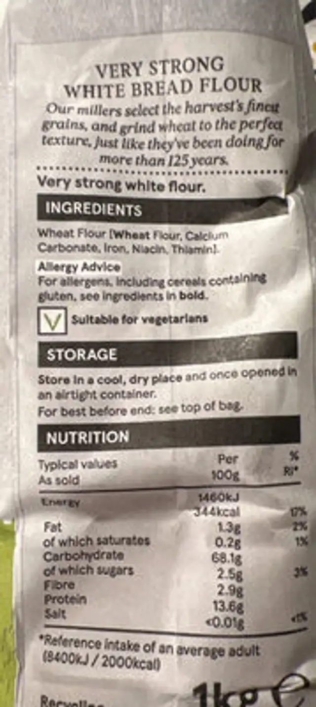 Very Strong Bread Flour ingredients label