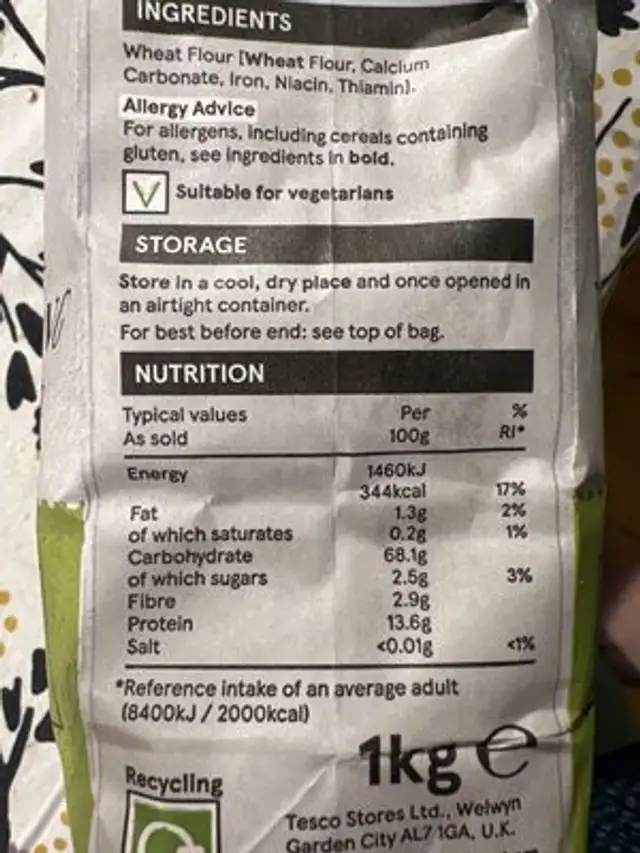 Very Strong Bread Flour nutrition facts table