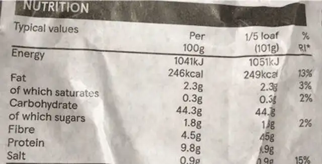Rye, linseed, quinoa bloomer nutrition facts table