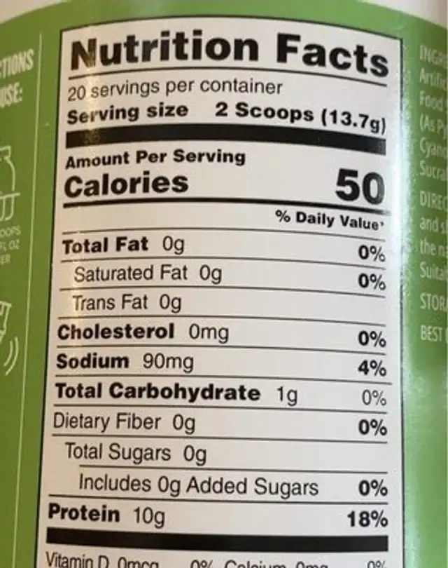 Clear vegan protein nutrition facts table