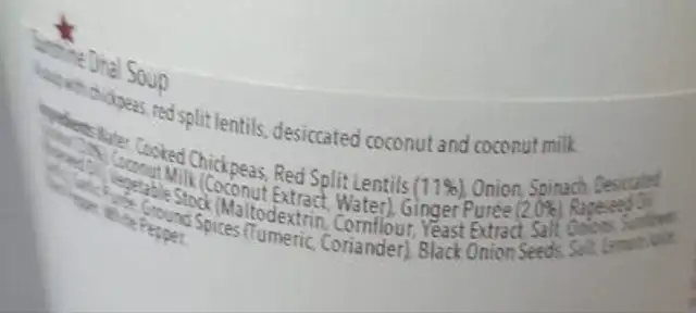 Sunshine Dhal ingredients label