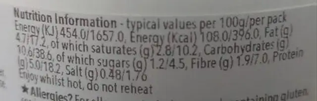 Sunshine Dhal nutrition facts table