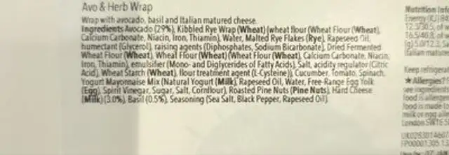 Pret a manger ingredients label