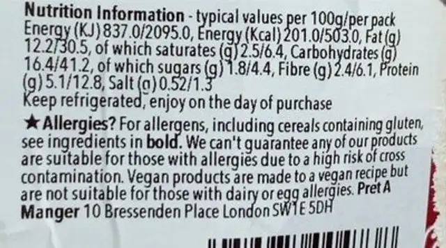 Pret a manger nutrition facts table