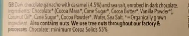 Eight chocalte salted caramel Truffles ingredients label