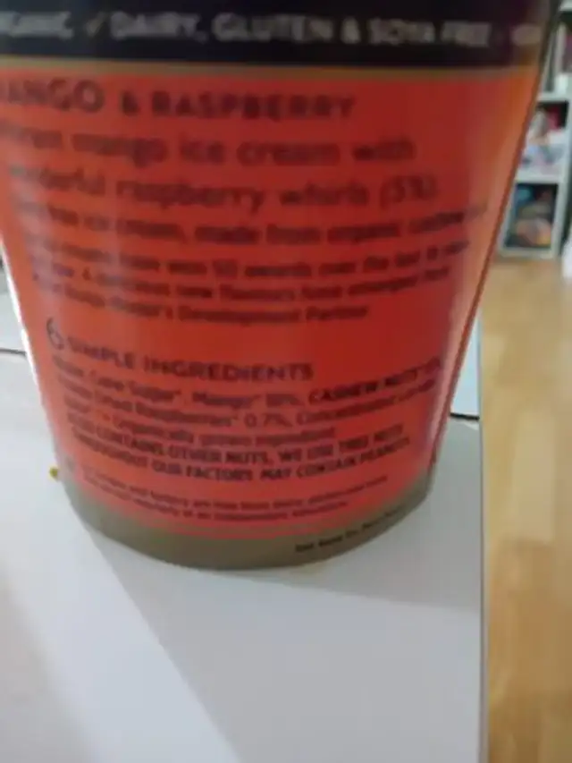 Mango & Rasberry Organic Vegan Ice Cream ingredients label